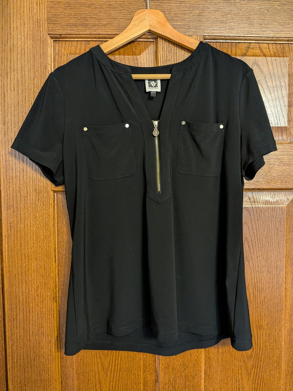 Anne Klein Black Women’s Zip-Front Short Sleeve Top